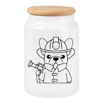 Frenchie Firefighter Dog Outline - Cookie Jar with Wooden Lid - white - Front
