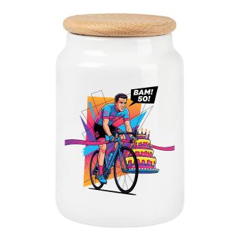 BAM! 50th Birthday Cyclist Pop Art - Cookie Jar with Wooden Lid - white - Front