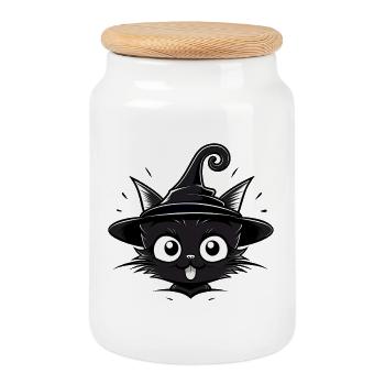 Schwarze Katzenzauberin mit Hexenhut - Katze - Keksdose mit Holzdeckel - Weiß - Vorne