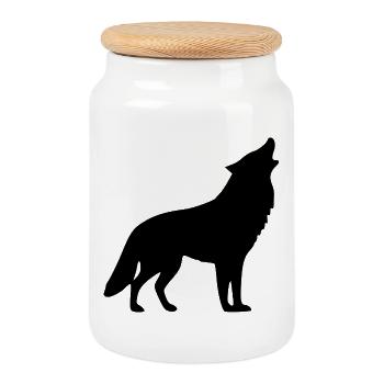 Loup hurlant noir - Boîte à biscuits avec couvercle en bois - blanc - Devant