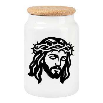 Jésus-Christ Head - Boîte à biscuits avec couvercle en bois - blanc - Devant