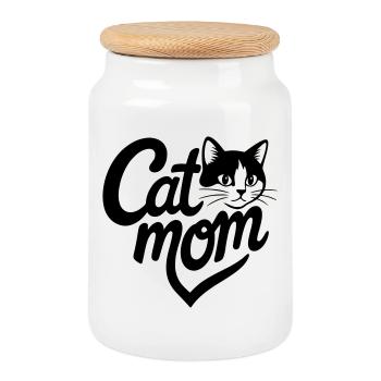 Cat Mom Heart and Black and White Cat - Cookie Jar with Wooden Lid - white - Front