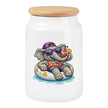 BeachElephant with Drink - Cookie Jar with Wooden Lid - white - Front