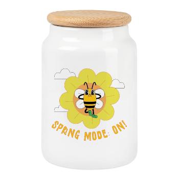 Spring Mode On – Fröhliches Frühlingsmotiv - Keksdose mit Holzdeckel - Weiß - Vorne