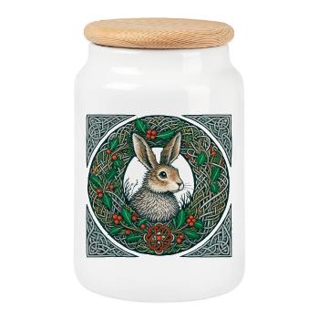 Le lièvre en couronne d’hiver celtique - Boîte à biscuits avec couvercle en bois - blanc - Devant