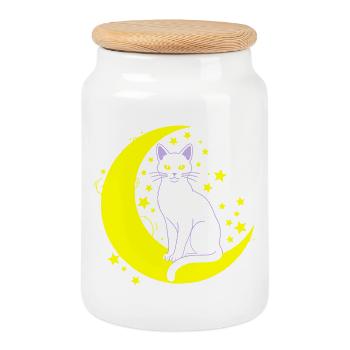 Cat Moon Stars Outline - Cookie Jar with Wooden Lid - white - Front