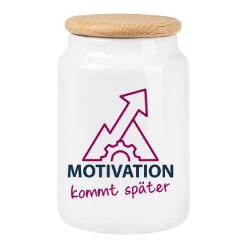 Motivation - kommt später - Keksdose mit Holzdeckel - Weiß - Vorne