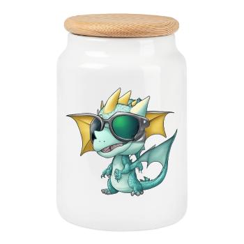 Sunglasses Dragon - Cookie Jar with Wooden Lid - white - Front