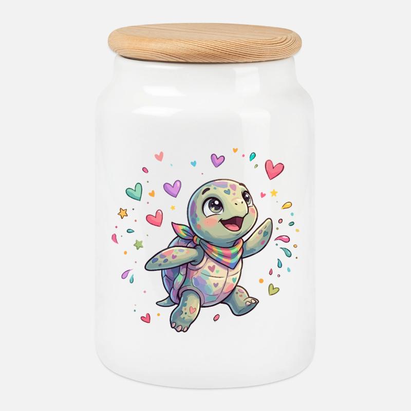 Regenbogen Turtle mit Herzmustern - Keksdose mit Holzdeckel - Weiß
