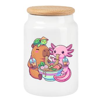 Kawaii Ramen Boba Friends Capybara Axolotl Turtle - Cookie Jar with Wooden Lid - white - Front