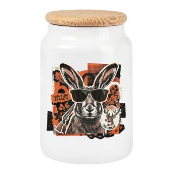 Cool Vintage Hunter Hare - Cookie Jar with Wooden Lid - white - Front