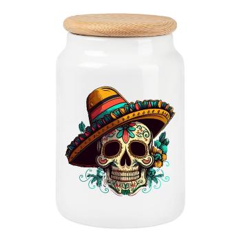 Sugar Skull Flower Dia de Los Muertos - Cookie Jar with Wooden Lid - white - Front