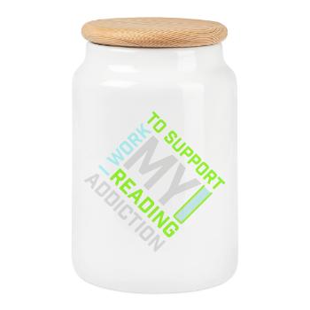 I Work To Support My Reading Addiction Books Logo - Cookie Jar with Wooden Lid - white - Front