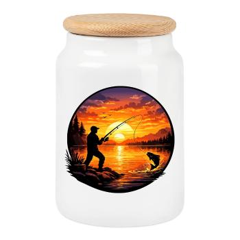Silhouette de pêcheur au bord du lac au coucher du soleil - Boîte à biscuits avec couvercle en bois - blanc - Devant