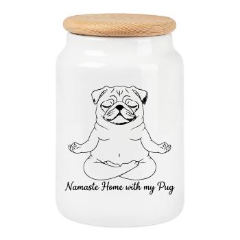 Namasté Maison avec mon Carlin Yoga - Boîte à biscuits avec couvercle en bois - blanc - Devant