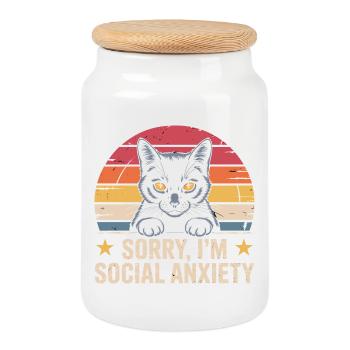 Retro Cat Black Cat Social Anxiety - Cookie Jar with Wooden Lid - white - Front