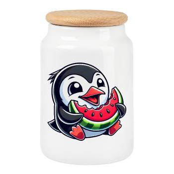 Pingouin avec pastèque fruit d’été - Boîte à biscuits avec couvercle en bois - blanc - Devant