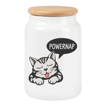 Powernap Katze - Schlafendes Motiv - Keksdose mit Holzdeckel - Weiß - Vorne