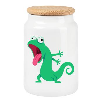 Funny Green Lizard Cartoon with Tongue - Cookie Jar with Wooden Lid - white - Front