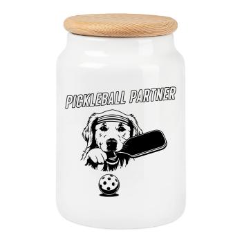 Cute Pickleball Partner Dog - Cookie Jar with Wooden Lid - white - Front