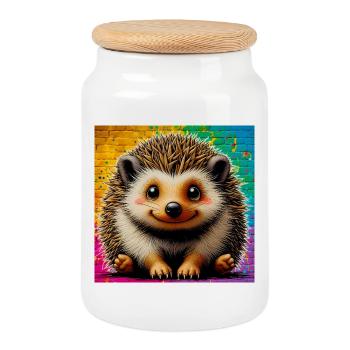 hedgehog - Cookie Jar with Wooden Lid - white - Front