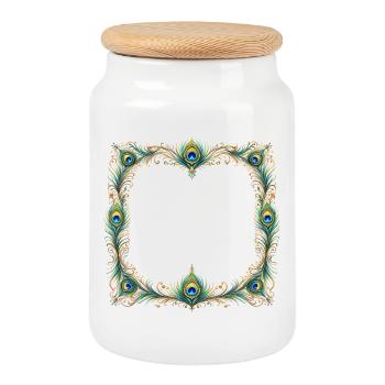 Pfauenfeder Rahmen Ornament Boho Design - Keksdose mit Holzdeckel - Weiß - Vorne