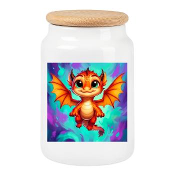 dragon - Cookie Jar with Wooden Lid - white - Front
