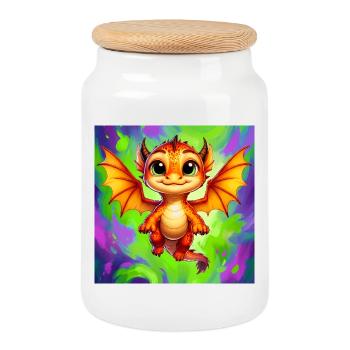 dragon - Cookie Jar with Wooden Lid - white - Front