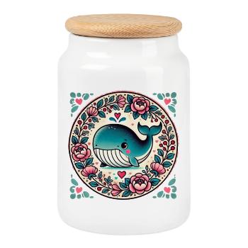 La baleine dans le cercle floral - Boîte à biscuits avec couvercle en bois - blanc - Devant