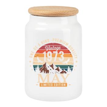Vintage May 1973 Birthday May 1973 - Cookie Jar with Wooden Lid - white - Front