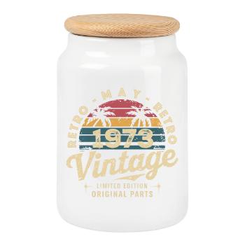 Vintage May 1973: The Authentic Myth May 1973 - Cookie Jar with Wooden Lid - white - Front