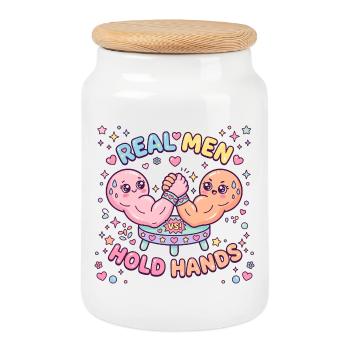 Arm Wrestling – Real Men Holding Hands - Cookie Jar with Wooden Lid - white - Front