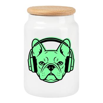 Frenchie DJ Headphones Music - Cookie Jar with Wooden Lid - white - Front