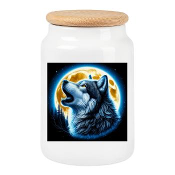 Le loup hurle à la pleine lune - Boîte à biscuits avec couvercle en bois - blanc - Devant
