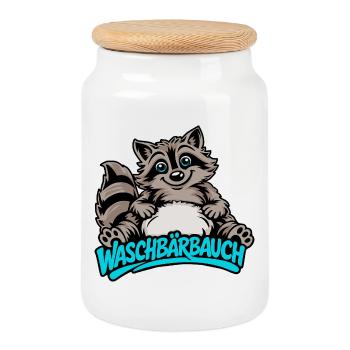 Süßer Waschbär Bauch Cartoon Tier Motiv - Keksdose mit Holzdeckel - Weiß - Vorne