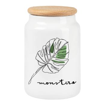Green Leaf Fragment Sketch Style Monstera - Cookie Jar with Wooden Lid - white - Front