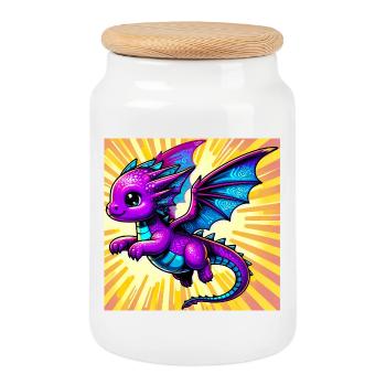 dragon - Cookie Jar with Wooden Lid - white - Front
