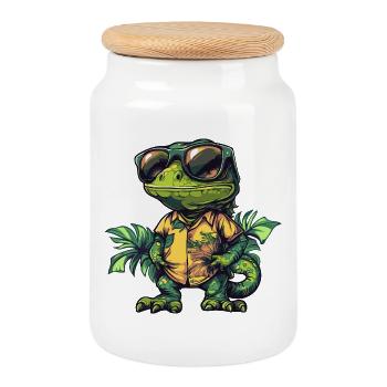 Chameleon Comic Urlaub - Keksdose mit Holzdeckel - Weiß - Vorne