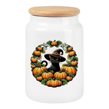 Chat Sorcière du Cercle de Citrouilles - Boîte à biscuits avec couvercle en bois - blanc - Devant
