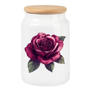 Dark Rose Blossom Illustration - Cookie Jar with Wooden Lid - white - Front