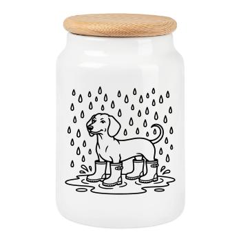 Dachshund In The Rain Funny Wellington Boots - Cookie Jar with Wooden Lid - white - Front