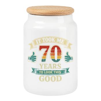 70 Years To Be So Beautiful - Anniversary Humor - Cookie Jar with Wooden Lid - white - Front