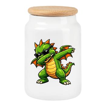 Cute Dabbing Dragon - Cookie Jar with Wooden Lid - white - Front