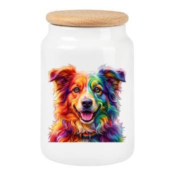 Rainbow Dog / Dog in Rainbow Colors - Cookie Jar with Wooden Lid - white - Front