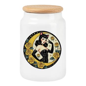 Pin-up Chat-girl et Roses au clair de lune - Boîte à biscuits avec couvercle en bois - blanc - Devant