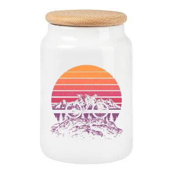 Retro MTB Mountain Bike Alps Sunset Trail Bike - Cookie Jar with Wooden Lid - white - Front