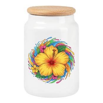 Kunterbunte Hibiskus Splash - Keksdose mit Holzdeckel - Weiß - Vorne