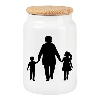 Grandparents Grandchild Silhouette Walking Family - Cookie Jar with Wooden Lid - white - Front