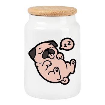 Sleeping Pug Dog Loafer - Cookie Jar with Wooden Lid - white - Front