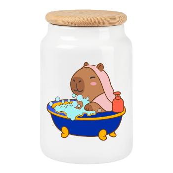 Bain moussant de capybara Dessin animé douillet Splash & Chill - Boîte à biscuits avec couvercle en bois - blanc - Devant